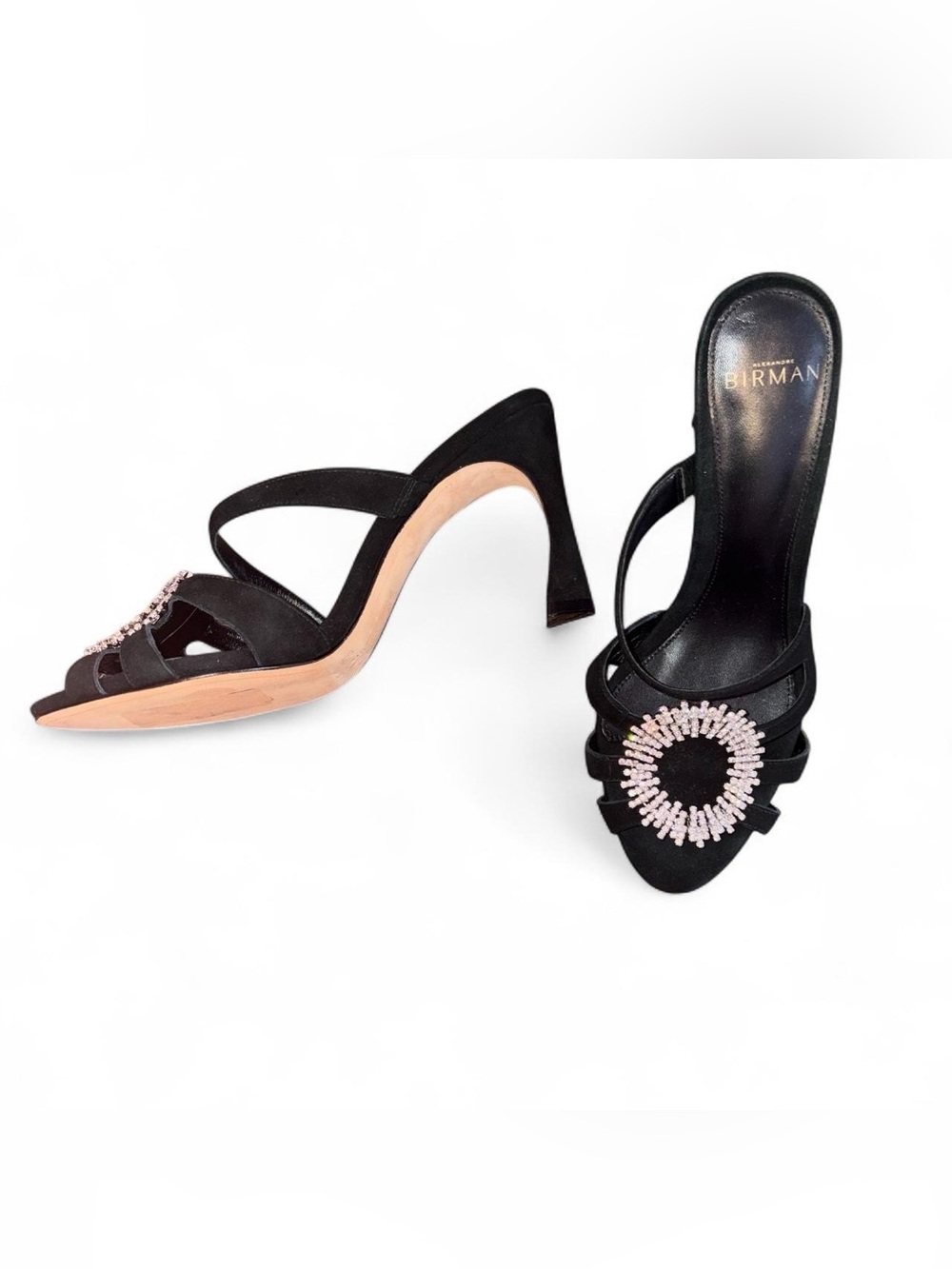 Alexandre Birman Alicia Mule 85 black suede strappy sandals with rhinestone